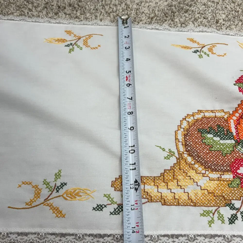Thanksgiving crosstitch cornucopia table runner fall decor vintage handmade 70s